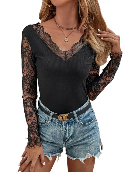 contrast lace v neck a76k#, White
contrast lace v neck a76k#, White