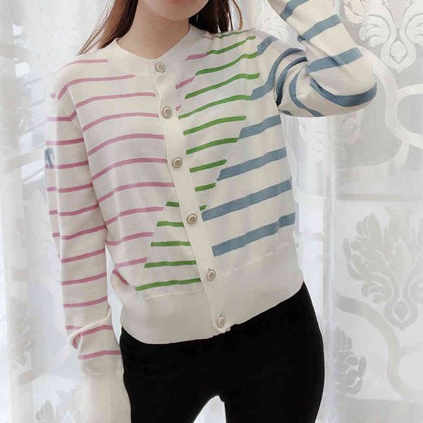 women's knits & tees rainbow stripe contrast color personalized matching round neck three single breasted long sleeve sunscreen knitted, White
women's knits & tees rainbow stripe contrast color personalized matching round neck three single breasted long sleeve sunscreen knitted, White