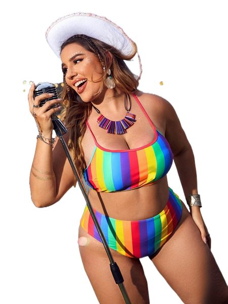 plus rainbow striped contrast binding crisscross high waist bikini swimsuit n7hi#, White;black
plus rainbow striped contrast binding crisscross high waist bikini swimsuit n7hi#, White;black