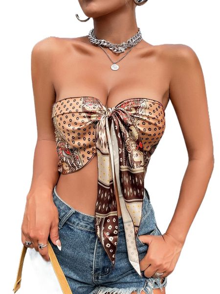 floral & geo print knot front crop satin tube z1vr#, White