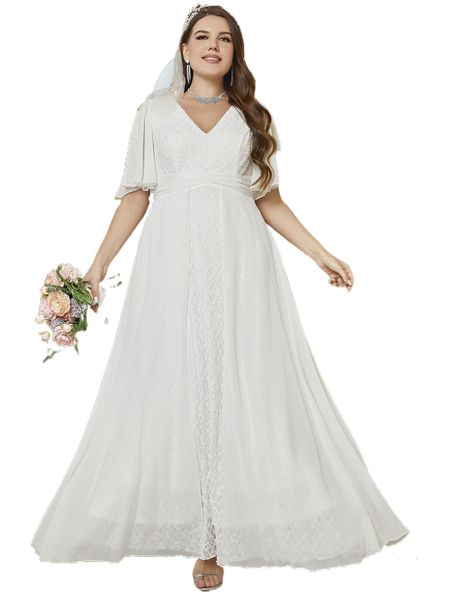 plus flutter sleeve lace wedding dress without veil w36l#, Black