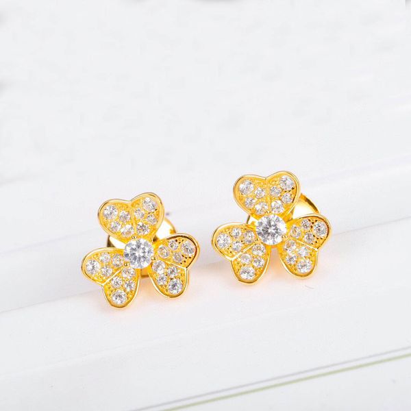 s925 silver three leaves flower design charm stud earring with all diamonds in two colors plated for women engagement jewelry gift have box, Golden
s925 silver three leaves flower design charm stud earring with all diamonds in two colors plated for women engagement jewelry gift have box, Golden