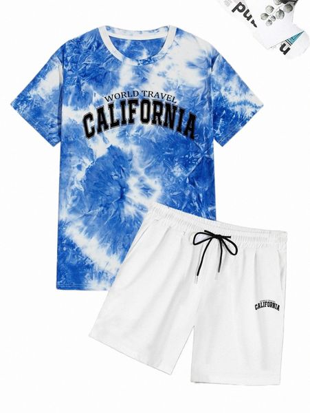 men tie dye letter graphic tee & drawstring waist shorts k9lx#, Gray