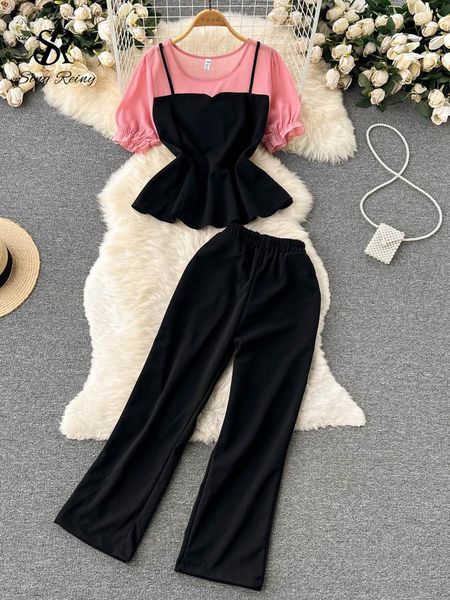 women's two piece pants splice ruffled pocket set women summer o neck slim blouse elastic waist wide leg long fashion casual suit women, White
women's two piece pants splice ruffled pocket set women summer o neck slim blouse elastic waist wide leg long fashion casual suit women, White