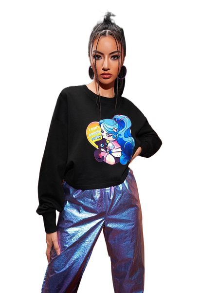 x mako fufu slogan & cartoon graphic drop shoulder crop pullover t9of#, Black 
x mako fufu slogan & cartoon graphic drop shoulder crop pullover t9of#, Black