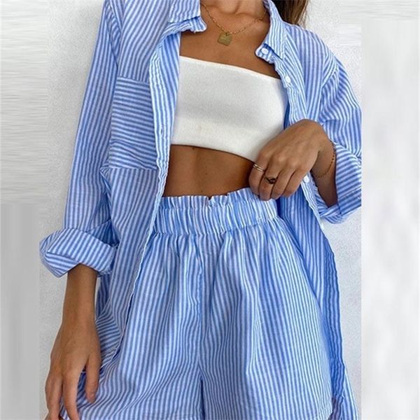 women blue stripe print two piece sets loose long sleeve shirt shorts set female home clothes summer outfits 220616, Gray
women blue stripe print two piece sets loose long sleeve shirt shorts set female home clothes summer outfits 220616, Gray