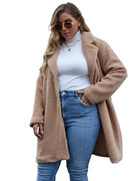 plus solid button front lapel neck teddy coat r9kv#, Black
plus solid button front lapel neck teddy coat r9kv#, Black