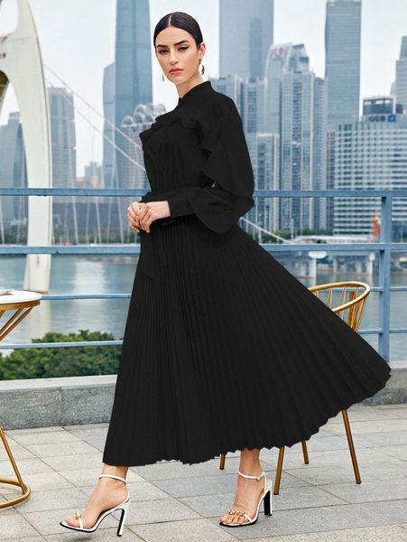 ruffle trim pleated hem shirt dress k481#, Black;gray