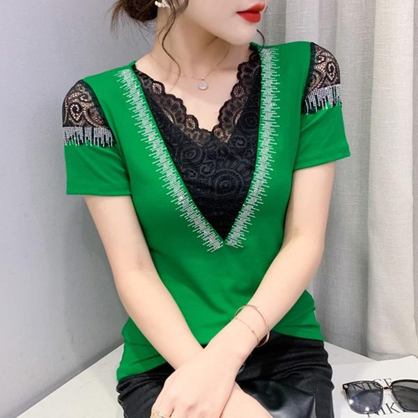 women's t-shirt 2022 summer short sleeved women's fashion casual v-neck hollow out lace patchwork drilling blusas, White
women's t-shirt 2022 summer short sleeved women's fashion casual v-neck hollow out lace patchwork drilling blusas, White