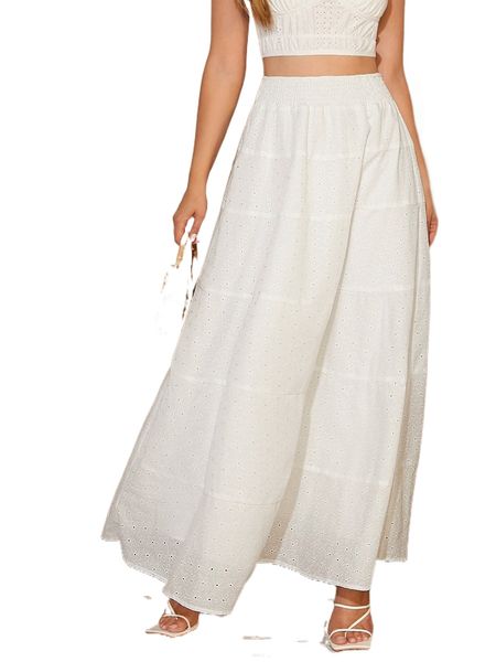 eyelet embroidery shirred waist skirt u6ar#, Black