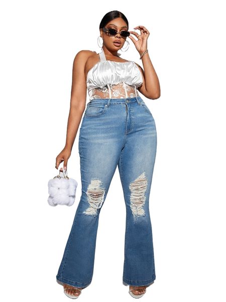 sxy plus ripped frayed flare leg jeans x3bi#, Blue
