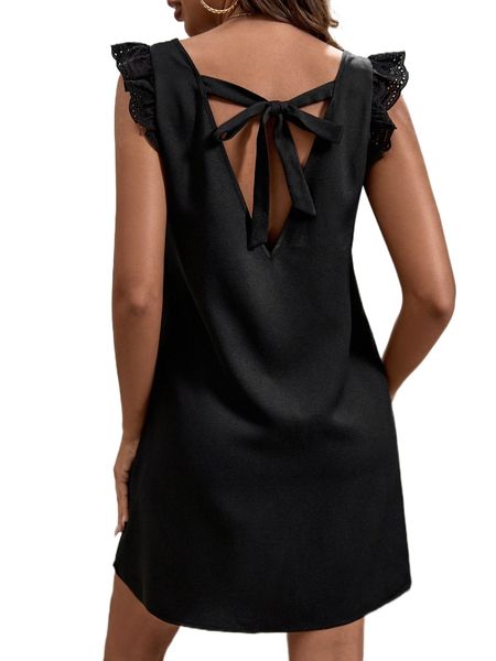 solid ruffle trim tie back dress a0uy#, Black;gray 
solid ruffle trim tie back dress a0uy#, Black;gray