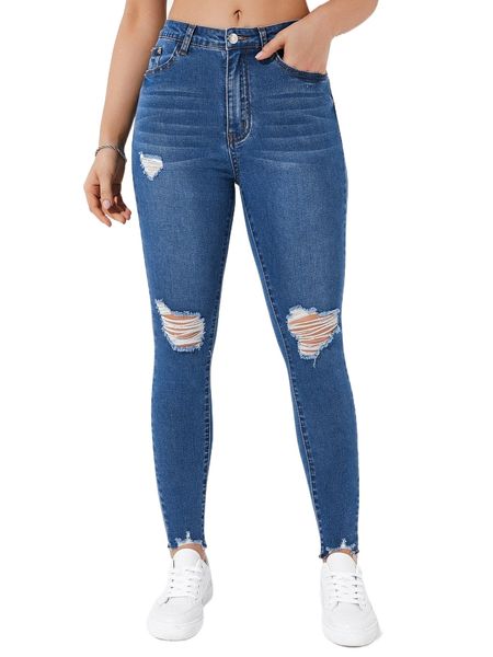 ripped raw hem skinny jeans j9zt#, Blue