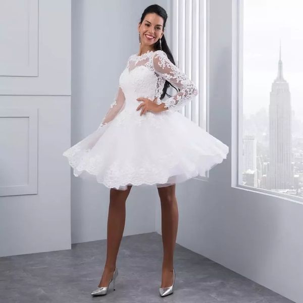 sheer long sleeves a line wedding dresses elegant lace applique floor length bridal gowns custom made vestido de noiva, White
sheer long sleeves a line wedding dresses elegant lace applique floor length bridal gowns custom made vestido de noiva, White