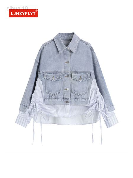 denim stitching striped shirt fake two-piece women spring and autumn new design drawstring loose long sleeves thin jacket female l220725, Black;brown
denim stitching striped shirt fake two-piece women spring and autumn new design drawstring loose long sleeves thin jacket female l220725, Black;brown