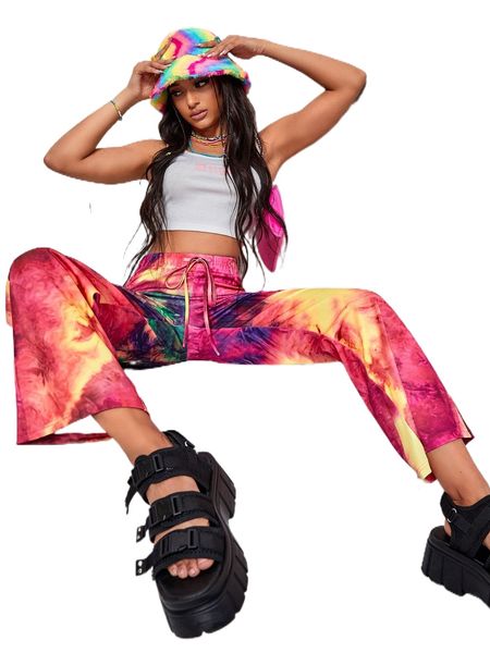 tie dye drawstring waist pants s0ox#, Black;white 
tie dye drawstring waist pants s0ox#, Black;white