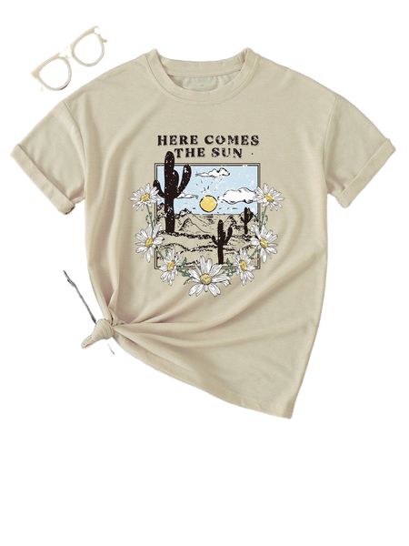 floral and slogan graphic tee m27c#, White