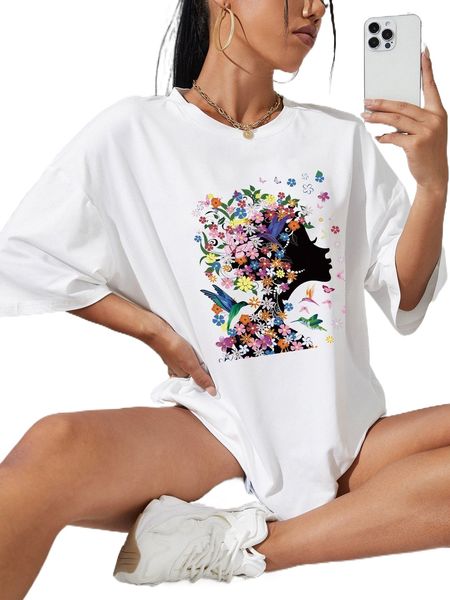 floral and figure graphic drop shoulder oversized tee z6dg#, White