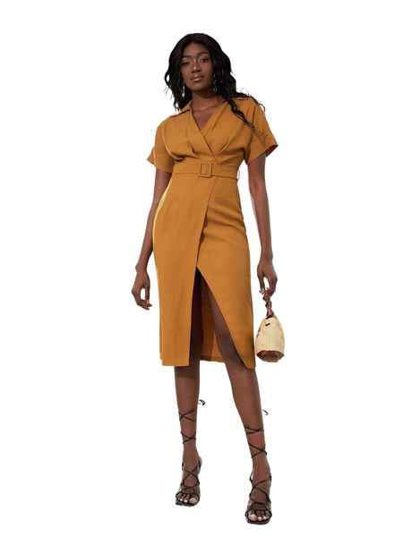 wrap belted split thigh dress h7y7#, Black;gray