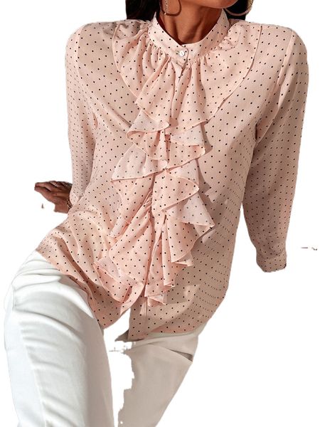 polka dot print ruffle trim mock neck blouse i75b#, White