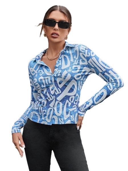 letter graphic button front shirt e2qm#, White