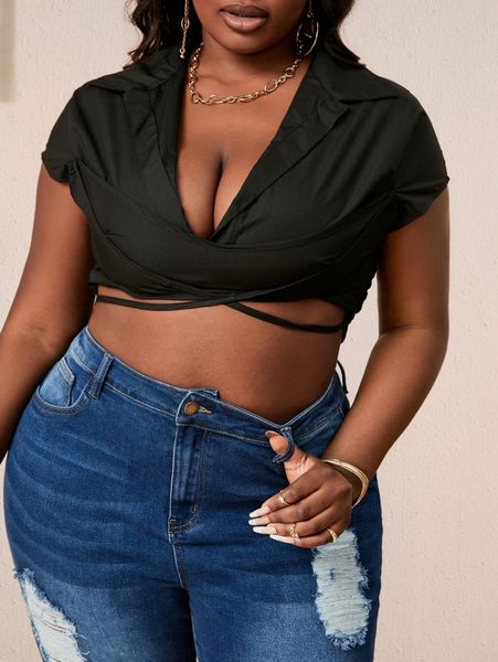 sxy plus batwing sleeve crisscross tie back tee 24d2#, Black