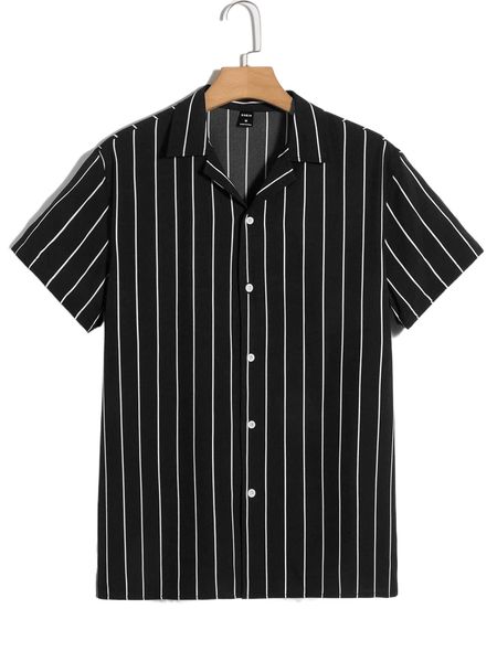 men lapel collar striped print shirt s9pc#, White;black 
men lapel collar striped print shirt s9pc#, White;black