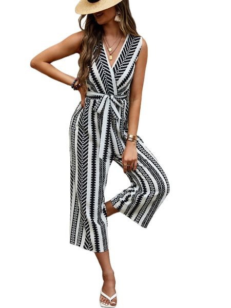 geo print belted jumpsuit z9we#, Black;white