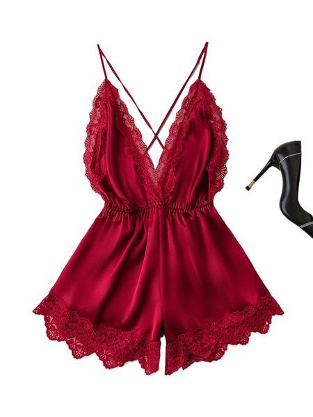 contrast lace criss cross backless satin cami romper g1ka#, Black;red 
contrast lace criss cross backless satin cami romper g1ka#, Black;red