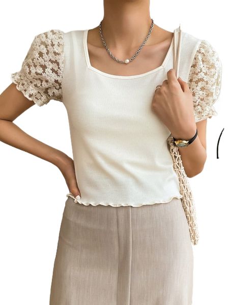 dazy square neck lace contrast lettuce trim tee t8mi#, White
dazy square neck lace contrast lettuce trim tee t8mi#, White