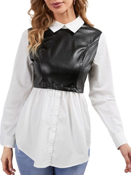 2 in 1 colorblock pu leather blouse t5bi#, White
2 in 1 colorblock pu leather blouse t5bi#, White