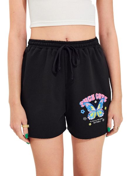 slogan & butterfly print drawstring waist shorts j8qa#, White;black