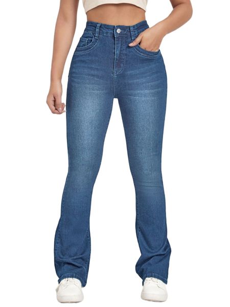 high waist bleach wash flare leg jeans g6li#, Blue