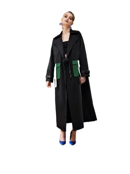 x ginestra color block flap pocket drop shoulder buckled trench coat f6u0#, Black
x ginestra color block flap pocket drop shoulder buckled trench coat f6u0#, Black