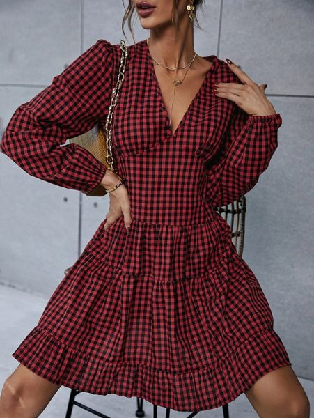 gingham bishop sleeve ruffle hem dress 10jz#, Black;gray 
gingham bishop sleeve ruffle hem dress 10jz#, Black;gray