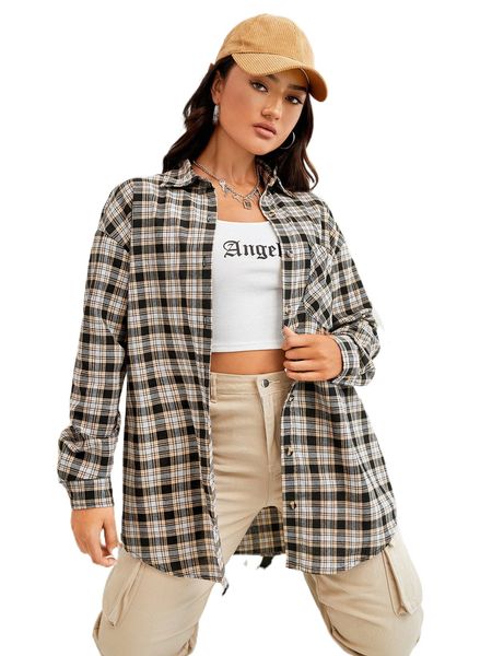 plaid button front drop shoulder coat f1o8#, Black