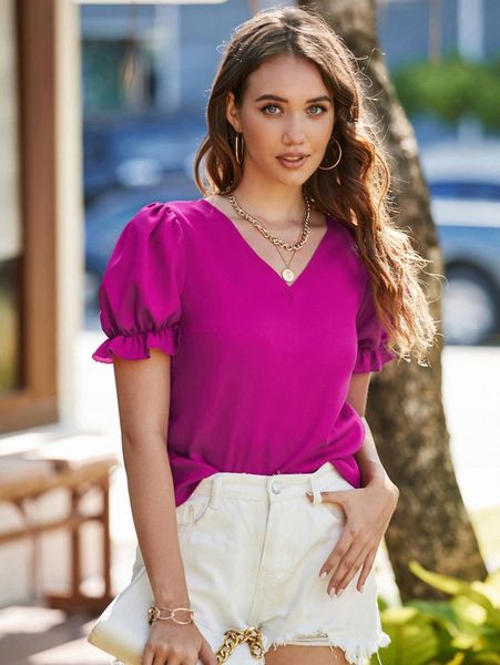 cut out scallop trim puff sleeve blouse 62i4#, White