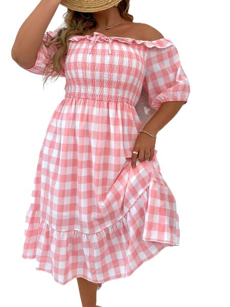 plus off shoulder shirred ruffle hem gingham dress 84a3#, Black 
plus off shoulder shirred ruffle hem gingham dress 84a3#, Black
