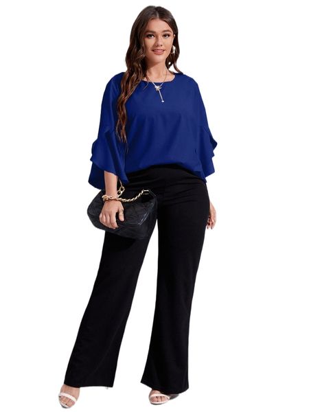 plus flounce sleeve keyhole back blouse a7uh#, Black