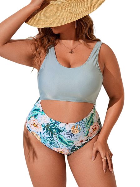 plus tropical print cut-out one piece swimsuit j2f0#, White;black