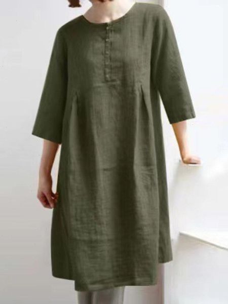 women cotton linen summer three quarter sleeve simple loose dress o-neck button casual solid ladies streetwear vestido, White
women cotton linen summer three quarter sleeve simple loose dress o-neck button casual solid ladies streetwear vestido, White