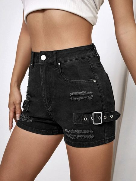 high waist buckle belt ripped denim shorts 61hk#, White;black