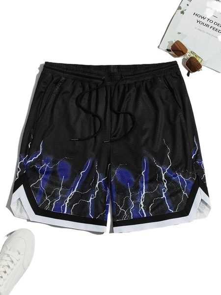 men lightning print striped trim drawstring waist shorts v8e4#, White;black
men lightning print striped trim drawstring waist shorts v8e4#, White;black