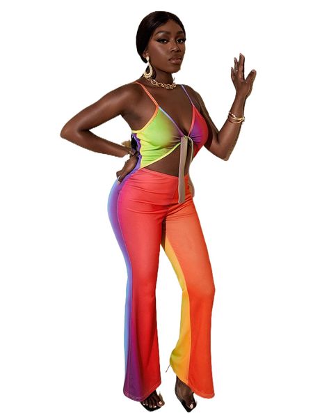 sxy ombre cut out tie front flare leg jumpsuit 16fc#, Black;white