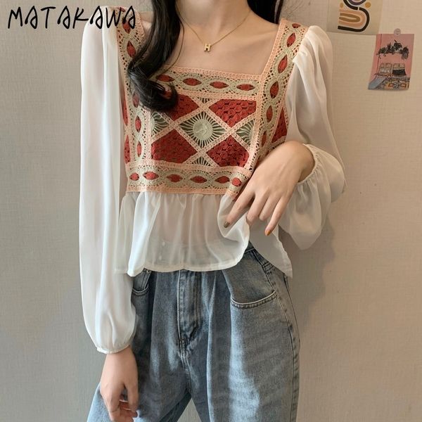 french square neck women blouses stitching lace chiffon blusas longsleeved spring short fashion shirt 210506, White
french square neck women blouses stitching lace chiffon blusas longsleeved spring short fashion shirt 210506, White