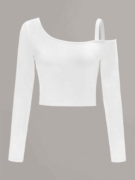 asymmetrical neck cold shoulder rib-knit g7fk#, White
asymmetrical neck cold shoulder rib-knit g7fk#, White