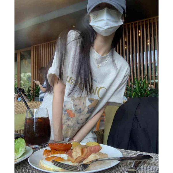 women's t-shirt jingtian bear print short sleeved t-shirt women's spring korean loose cover meat thin inner bottom shirt women 1tb, White