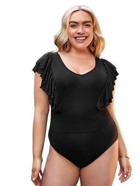 plus butterfly sleeve solid bodysuit w0i5#, Black 
plus butterfly sleeve solid bodysuit w0i5#, Black