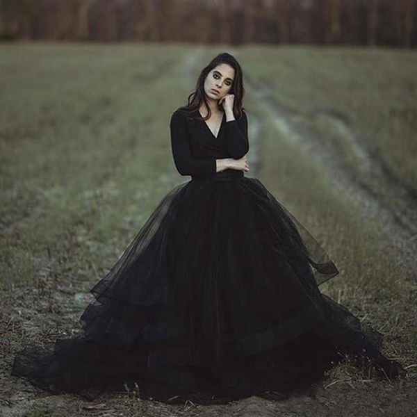 black ball gown gothic wedding dresses long sleeve v neck tulle ruffles tiered skirt floor length bridal gowns custom size318t, White
black ball gown gothic wedding dresses long sleeve v neck tulle ruffles tiered skirt floor length bridal gowns custom size318t, White
