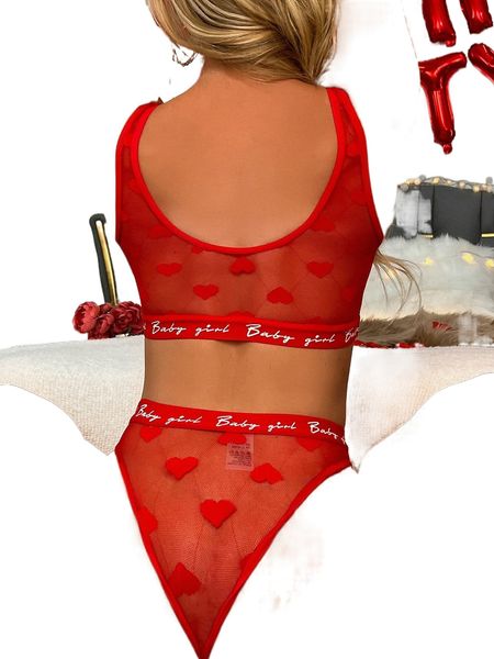 heart print letter tape lingerie set 21hi#, Black;red